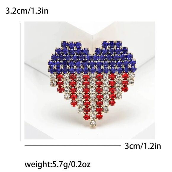 Brooch USA Flag Heart Pin Gold Rhinestone American Love Patriotic Love American - Picture 2 of 4